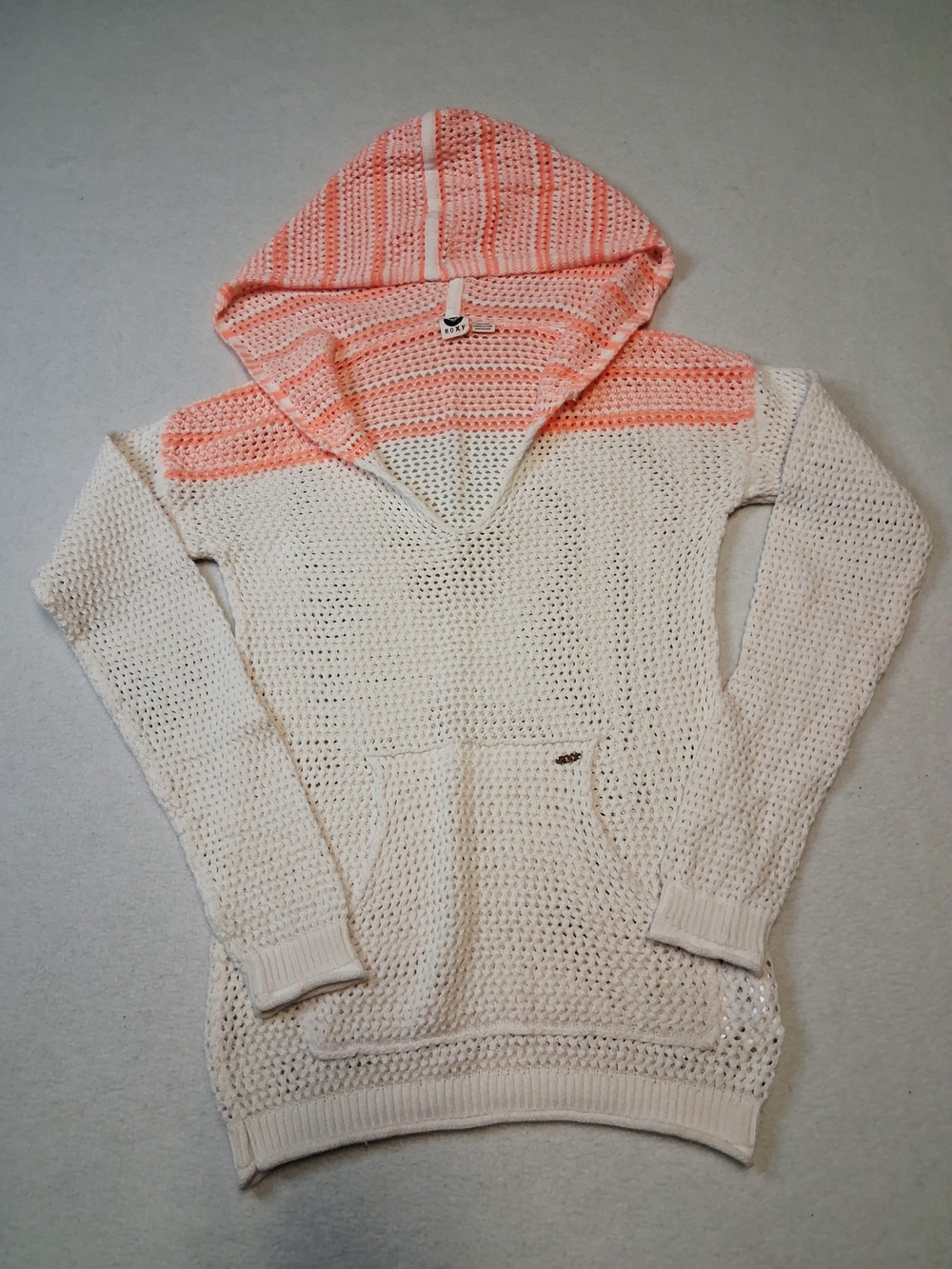 Roxy Cream Open-Knit Hoodie with Coral Pink Hood
